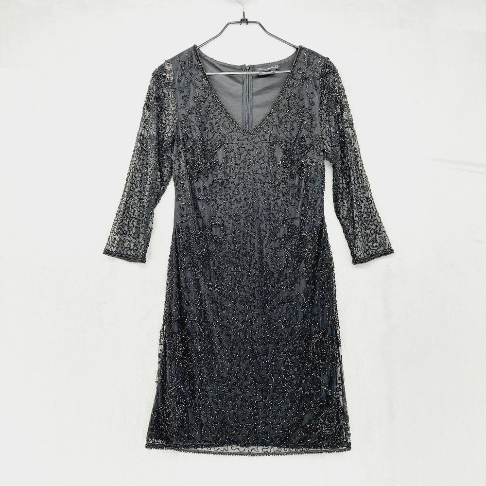 NWT Pisarro Nights Beaded V-Neck Cocktail Midi Dress P4010